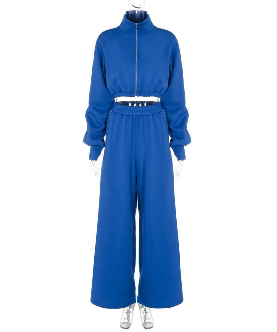 Cozy Chic Fall: Royal Blue Cropped Zip Sweatshirt & Wide-Leg Pant Set