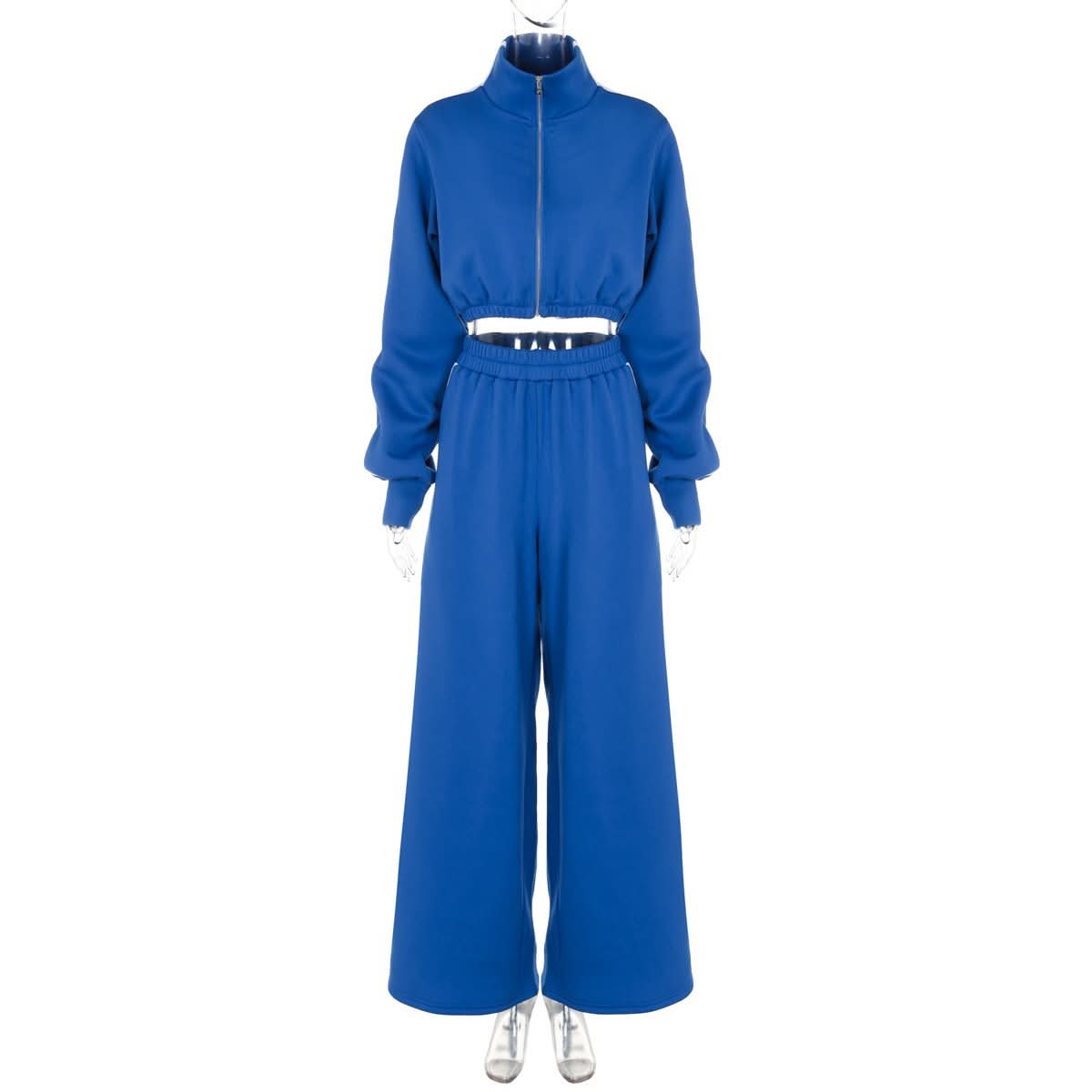 Cozy Chic Fall: Royal Blue Cropped Zip Sweatshirt & Wide-Leg Pant Set