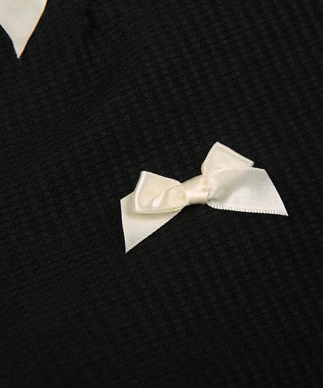 Coquette Charm: Black Bowknot Lace-Up Long Sleeve Crop Top | Chic Fall Cut-Out Style