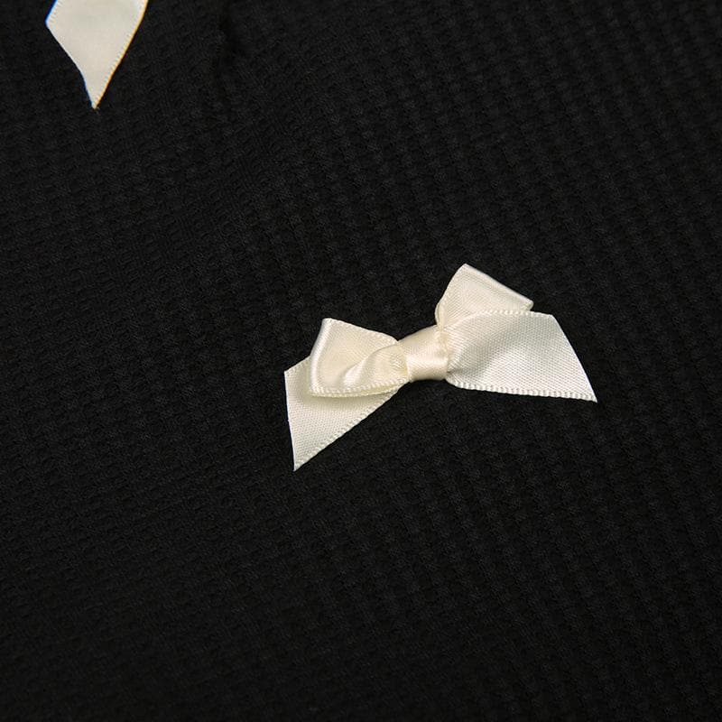 Coquette Charm: Black Bowknot Lace-Up Long Sleeve Crop Top | Chic Fall Cut-Out Style