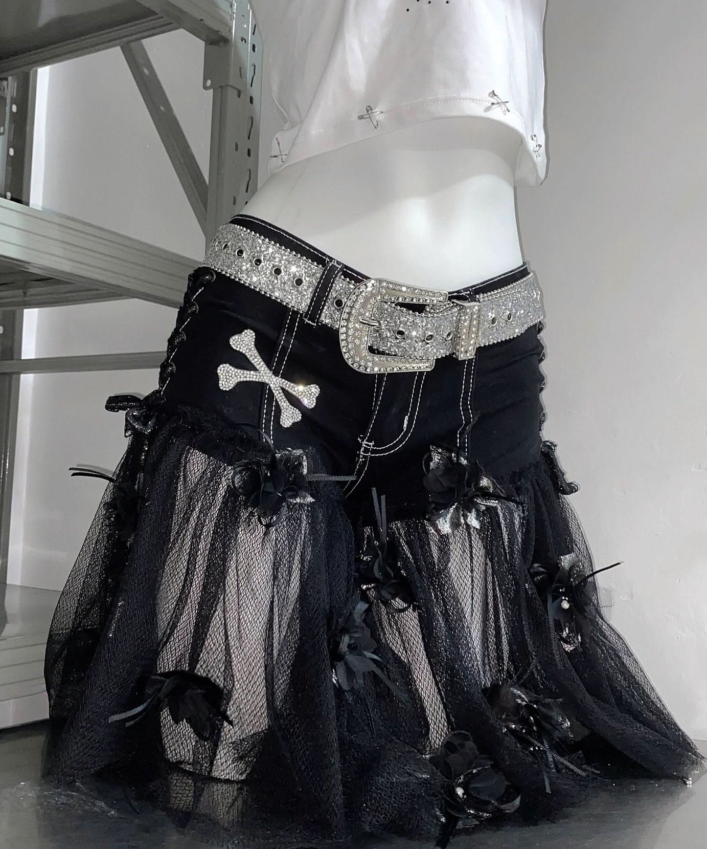 Spooky Chic Rhinestone Cross Crop Top & Mesh Skort Set - Y2K Goth Alt Fashion
