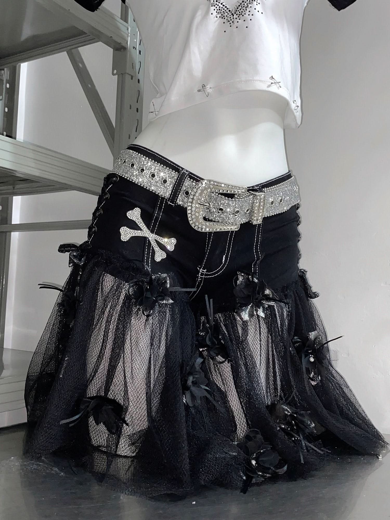 Spooky Chic Rhinestone Cross Crop Top & Mesh Skort Set - Y2K Goth Alt Fashion