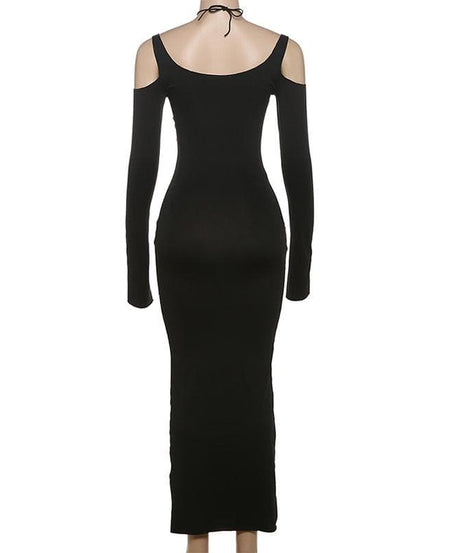 Showstopper Halter Cut-Out Maxi Dress - Edgy Black Bodycon for Fall & Holiday Parties