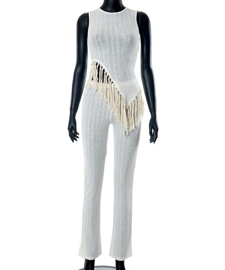 Fall Ready: Effortlessly Chic Asymmetrical Fringe Knit Jumpsuit for Women