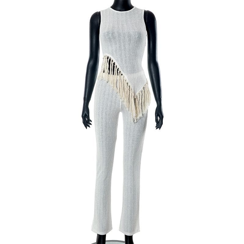 Fall Ready: Effortlessly Chic Asymmetrical Fringe Knit Jumpsuit for Women