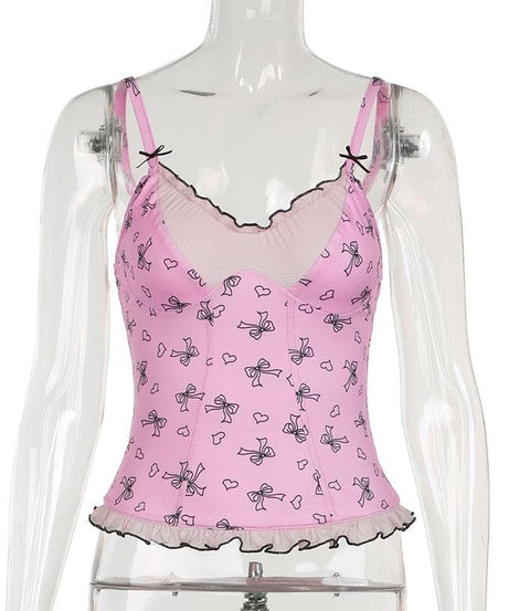 Darling Coquette Pink Bow & Heart Ruffle Bustier Cami Top - Fall Fashion Essential