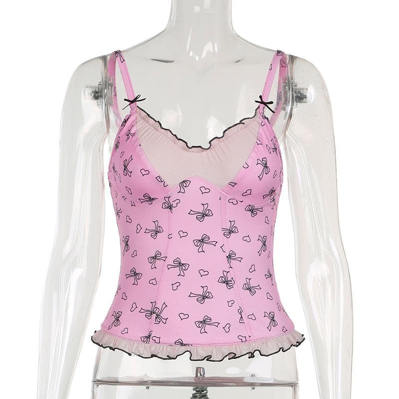 Darling Coquette Pink Bow & Heart Ruffle Bustier Cami Top - Fall Fashion Essential