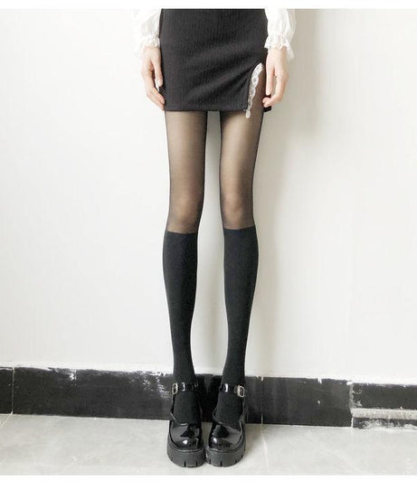 Fall Fashion Faux Thigh-High Tights: Chic Two-Tone Sheer & Opaque Style