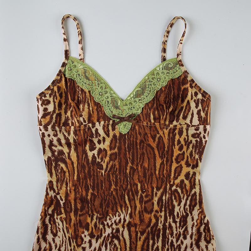 Sultry Leopard Print Cami Mini Dress | Green Lace Trim & Bow | Y2K Fall Fashion
