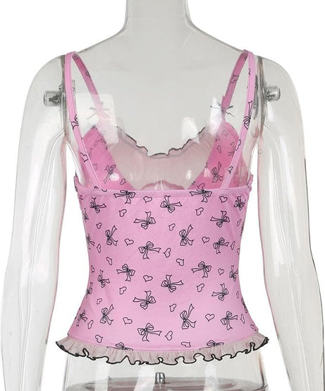 Darling Coquette Pink Bow & Heart Ruffle Bustier Cami Top - Fall Fashion Essential
