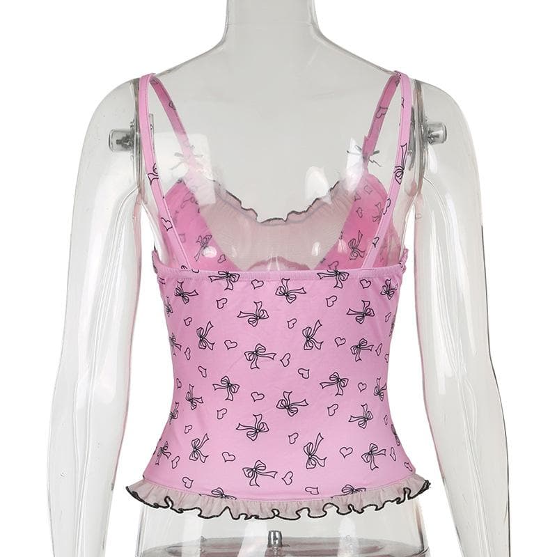 Darling Coquette Pink Bow & Heart Ruffle Bustier Cami Top - Fall Fashion Essential