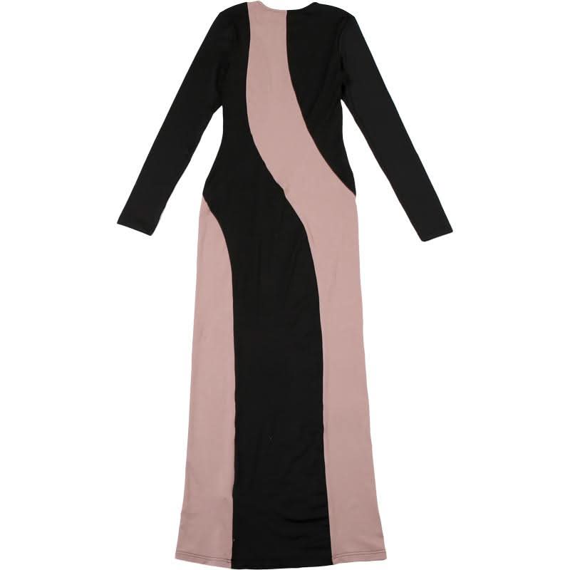 Elegant Two-Tone Wavy Maxi Dress - Figure-Flattering Long Sleeve for Fall & Holiday