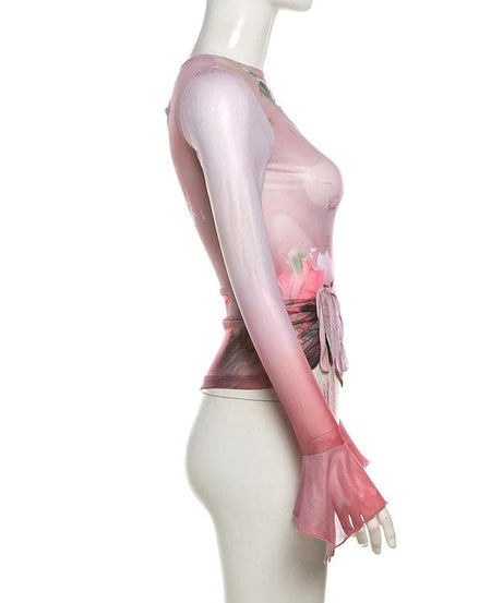 Autumn Rose Rendezvous Asymmetrical Mesh Top - Flared Sleeves & Tie Detail