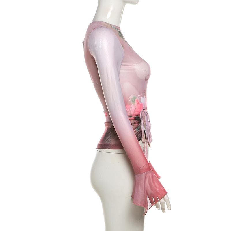 Autumn Rose Rendezvous Asymmetrical Mesh Top - Flared Sleeves & Tie Detail