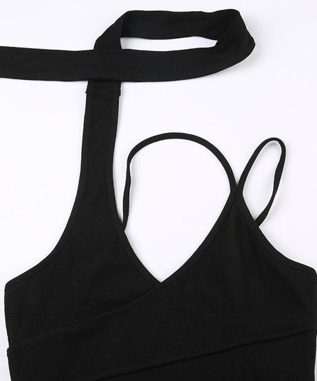 Chic Black Ribbed Halter Bodysuit with Asymmetrical Straps – Your Essential Fall Style
