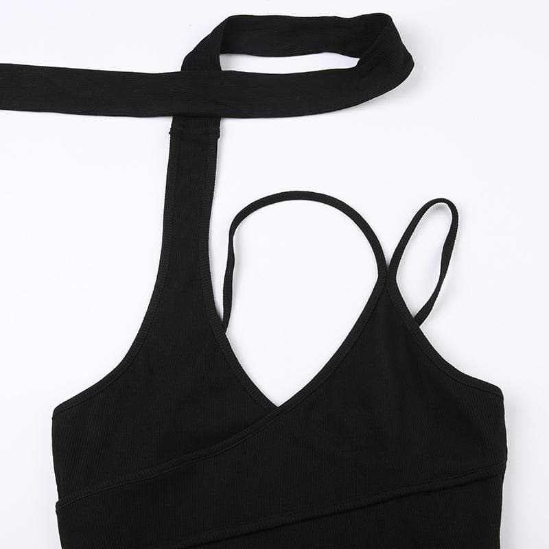 Chic Black Ribbed Halter Bodysuit with Asymmetrical Straps – Your Essential Fall Style