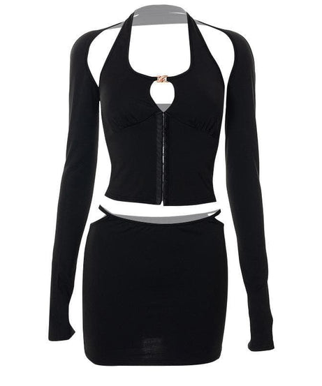 Dark Romance Halter Long Sleeve & Cutout Mini Skirt Set - Your Edgy Fall Night Out Look