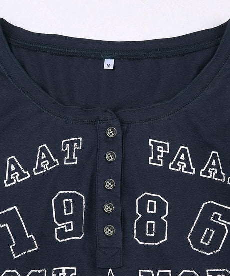 Effortless Fall Vibes: Retro 1986 Graphic Long Sleeve Henley Top for Women