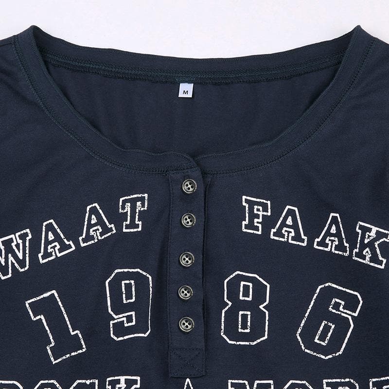 Effortless Fall Vibes: Retro 1986 Graphic Long Sleeve Henley Top for Women