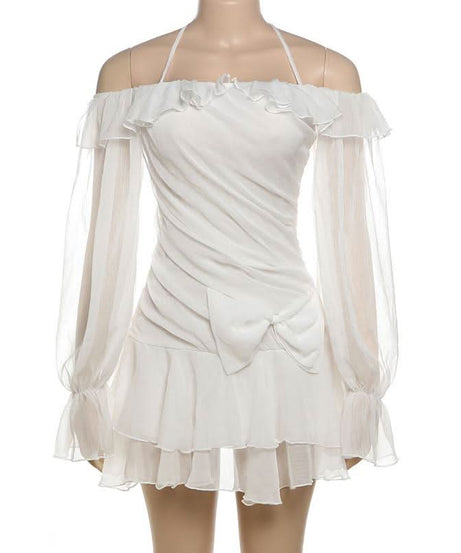 Enchanted Aura White Off-Shoulder Halter Mini Dress | Ruffle Chiffon Bow for Fall Parties & Chic Halloween