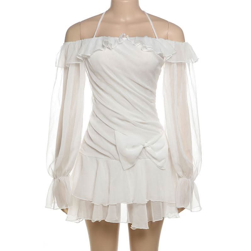Enchanted Aura White Off-Shoulder Halter Mini Dress | Ruffle Chiffon Bow for Fall Parties & Chic Halloween