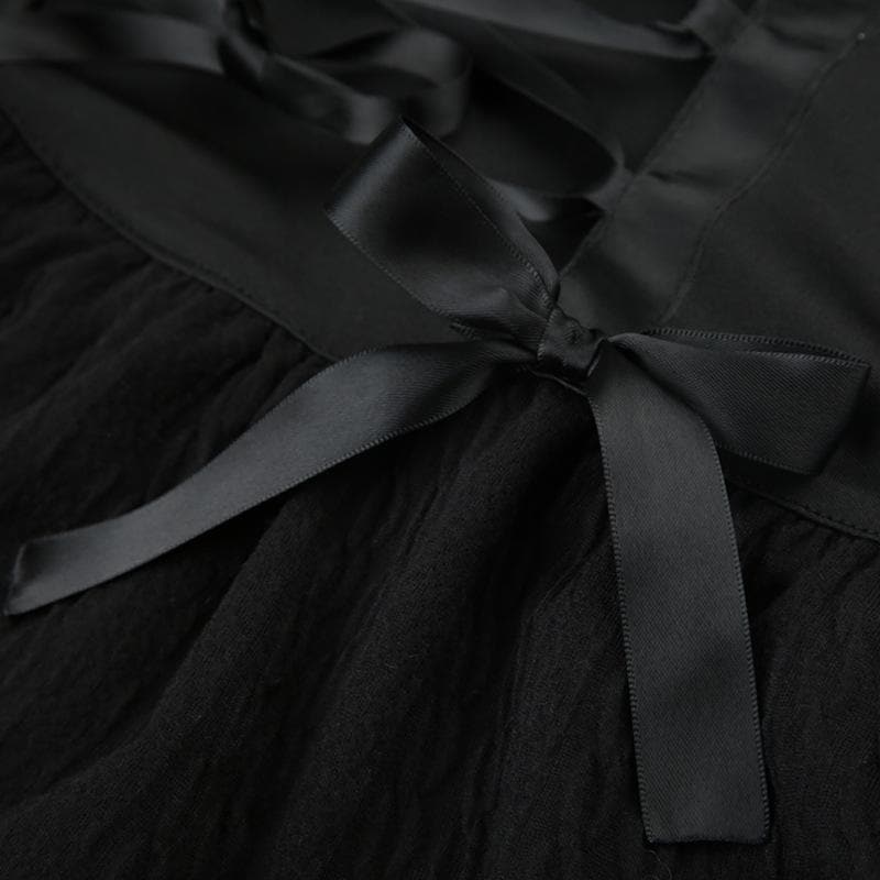 Edgy Chic: Black Low-Rise Lace-Up Mini Skirt | Gothic Bows & Lace Hem for Fall & Halloween