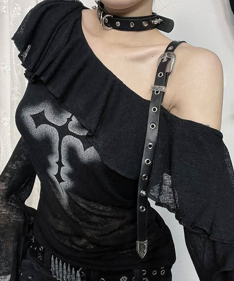 Gothic Glam Cross One-Shoulder Top - Edgy Fall & Halloween Statement