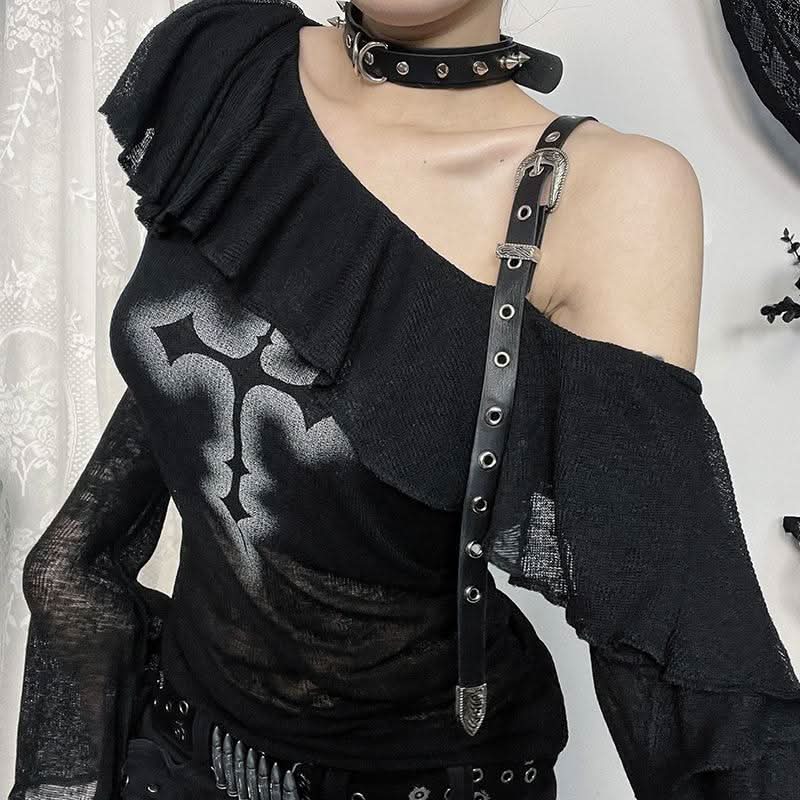 Gothic Glam Cross One-Shoulder Top - Edgy Fall & Halloween Statement