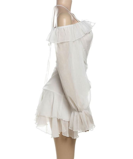 Enchanted Aura White Off-Shoulder Halter Mini Dress | Ruffle Chiffon Bow for Fall Parties & Chic Halloween