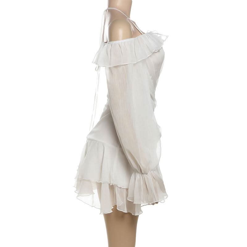 Enchanted Aura White Off-Shoulder Halter Mini Dress | Ruffle Chiffon Bow for Fall Parties & Chic Halloween