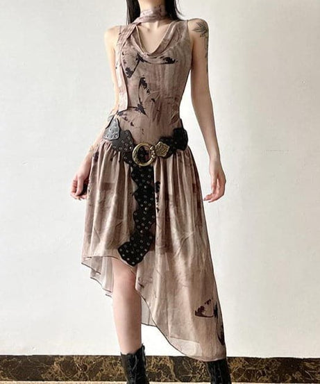 The Enchantress Asymmetrical Midi Dress | Boho Print Cowl Neck for Fall