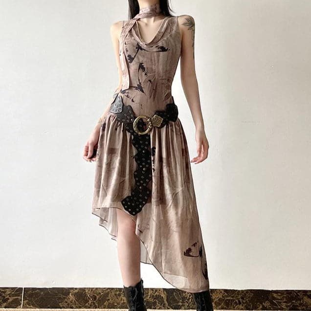 The Enchantress Asymmetrical Midi Dress | Boho Print Cowl Neck for Fall