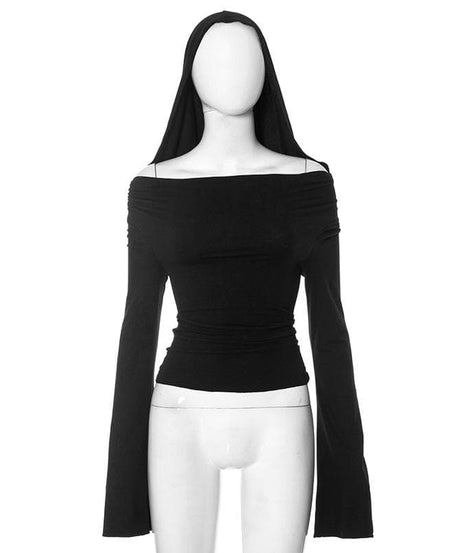 Chic Fall Flair: 2-Way Off-Shoulder Bell Sleeve Hooded Top