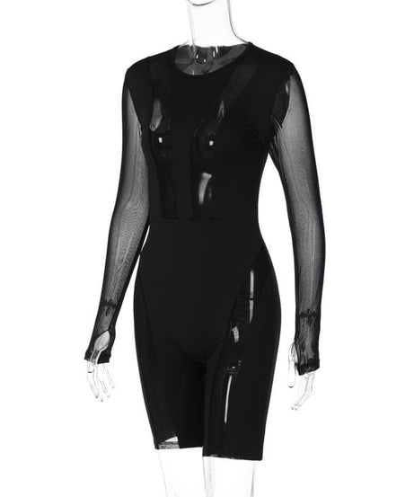 The 'Enigma' Sheer Mesh Patchwork Long Sleeve Romper - Fall Nights Out & Halloween Party Ready