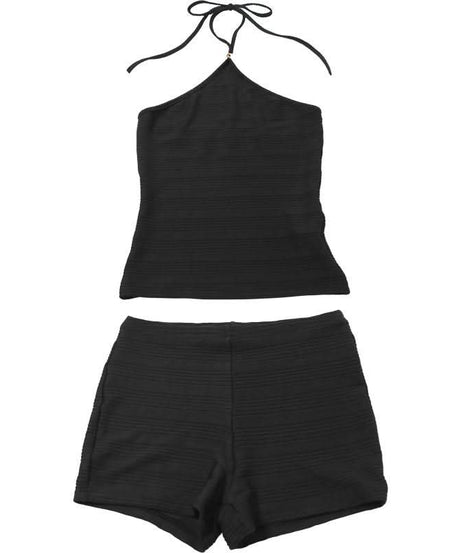 Effortless Chic: Black Halter Neck Backless Textured Shorts Set – Perfect for Fall Layering & Cozy Comfort