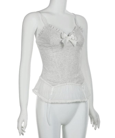 Chic Coquette Bow Corset Cami Top - Ruffled Lace Hem Tank for Fall Style
