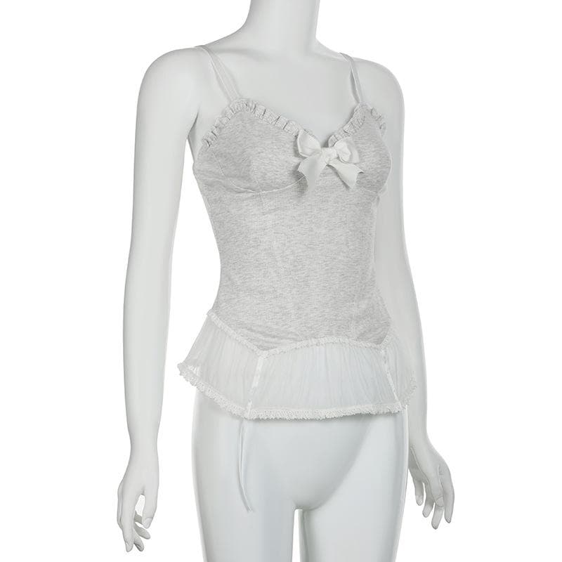 Chic Coquette Bow Corset Cami Top - Ruffled Lace Hem Tank for Fall Style