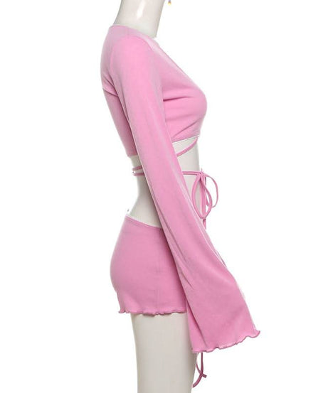 Cozy Fall Vibes: Sweet Cherry Pink Ribbed Wrap Top & Shorts Lounge Set