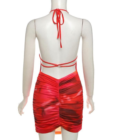 Vibrant Sunset Ombre Halter Mini Dress - Chic Ruched Bodycon for Fall Parties & Getaways