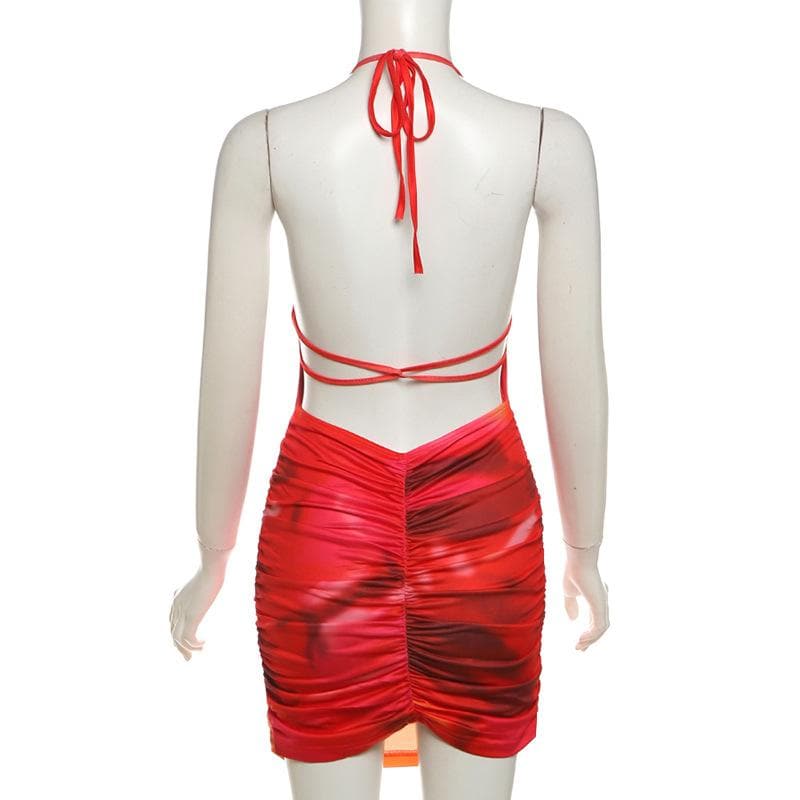 Vibrant Sunset Ombre Halter Mini Dress - Chic Ruched Bodycon for Fall Parties & Getaways