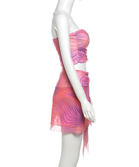 Y2K Pink Swirl Mesh Two-Piece Set: Strapless Crop Top & Asymmetric Mini Skirt - Perfect for Fall Getaways & Parties