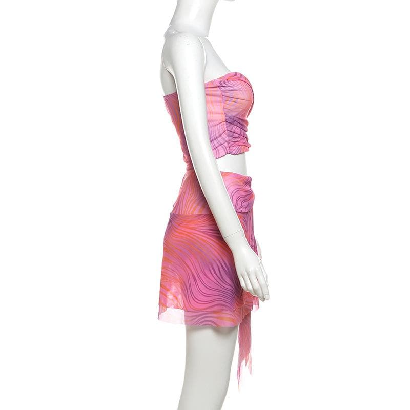 Y2K Pink Swirl Mesh Two-Piece Set: Strapless Crop Top & Asymmetric Mini Skirt - Perfect for Fall Getaways & Parties