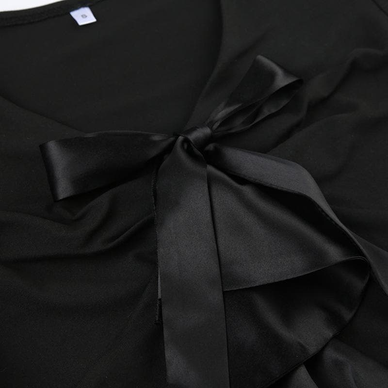 Elevated Fall Chic: Black V-Neck Long Sleeve Top with Satin Ruffle Detail