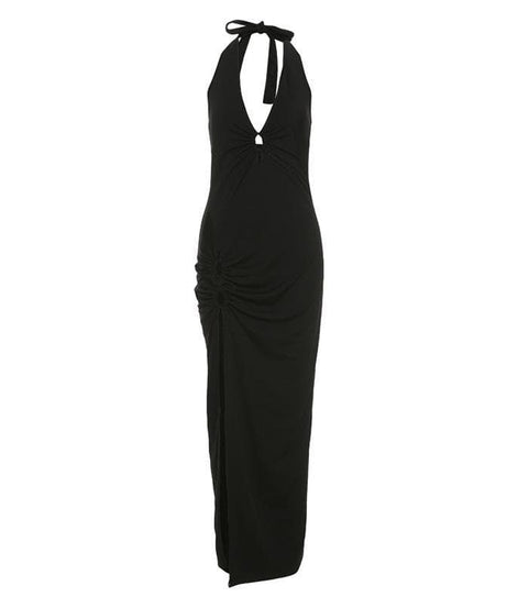 Autumn's Embrace: Luxe Halter Maxi Dress with Keyhole & Seductive High Slit