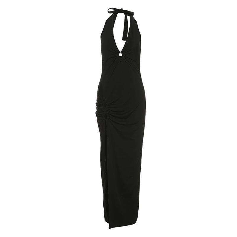 Autumn's Embrace: Luxe Halter Maxi Dress with Keyhole & Seductive High Slit