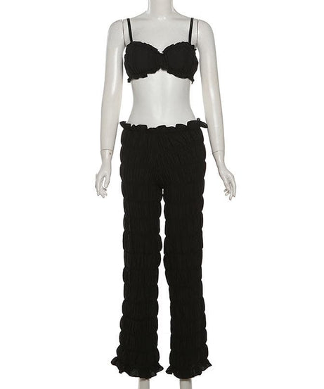 Effortless Fall Chic: Textured Smocked Crop Top & Low-Rise Pant Set for Women