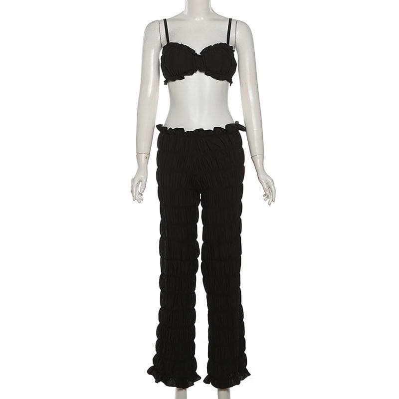 Effortless Fall Chic: Textured Smocked Crop Top & Low-Rise Pant Set for Women