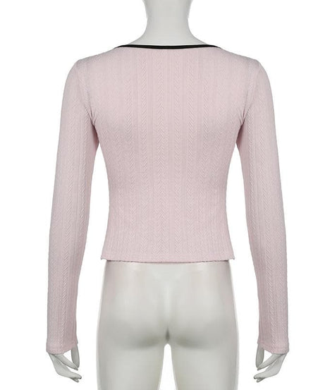 Sweetheart Pink Ribbed Knit Top - Chic Square Neck Long Sleeve with Ruffle & Bow Detail for Fall