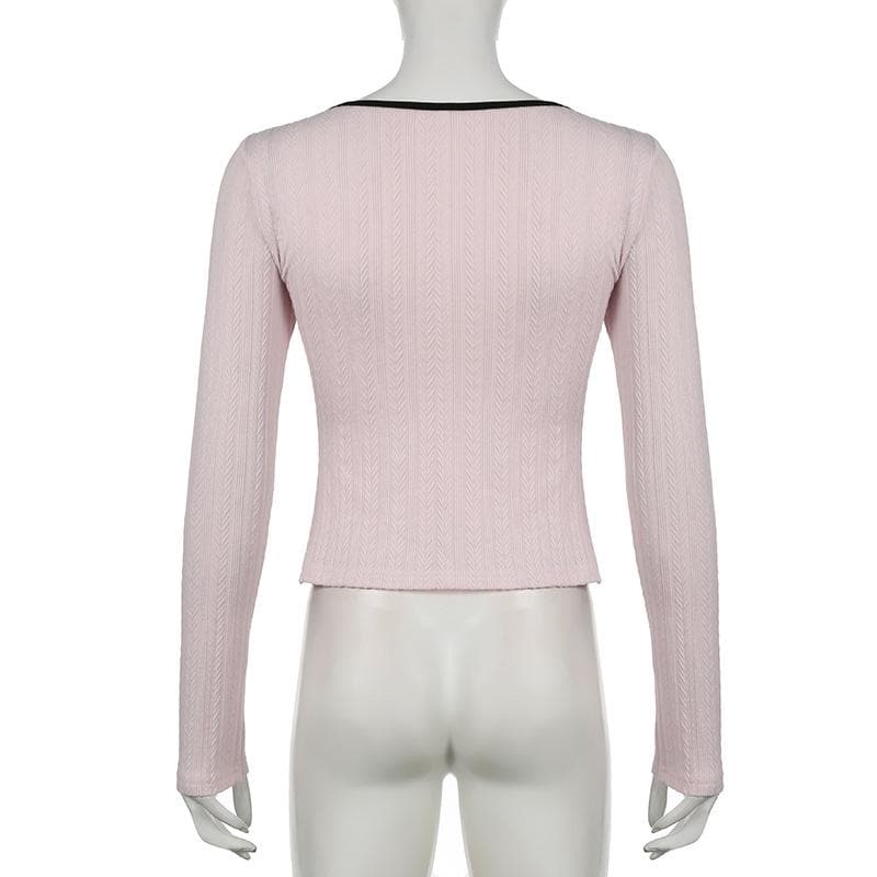 Sweetheart Pink Ribbed Knit Top - Chic Square Neck Long Sleeve with Ruffle & Bow Detail for Fall