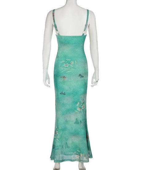 Dreamy Butterfly Print Ruched Mesh Maxi Dress | Cowl Neck & Mermaid Hem for Effortless Fall Style
